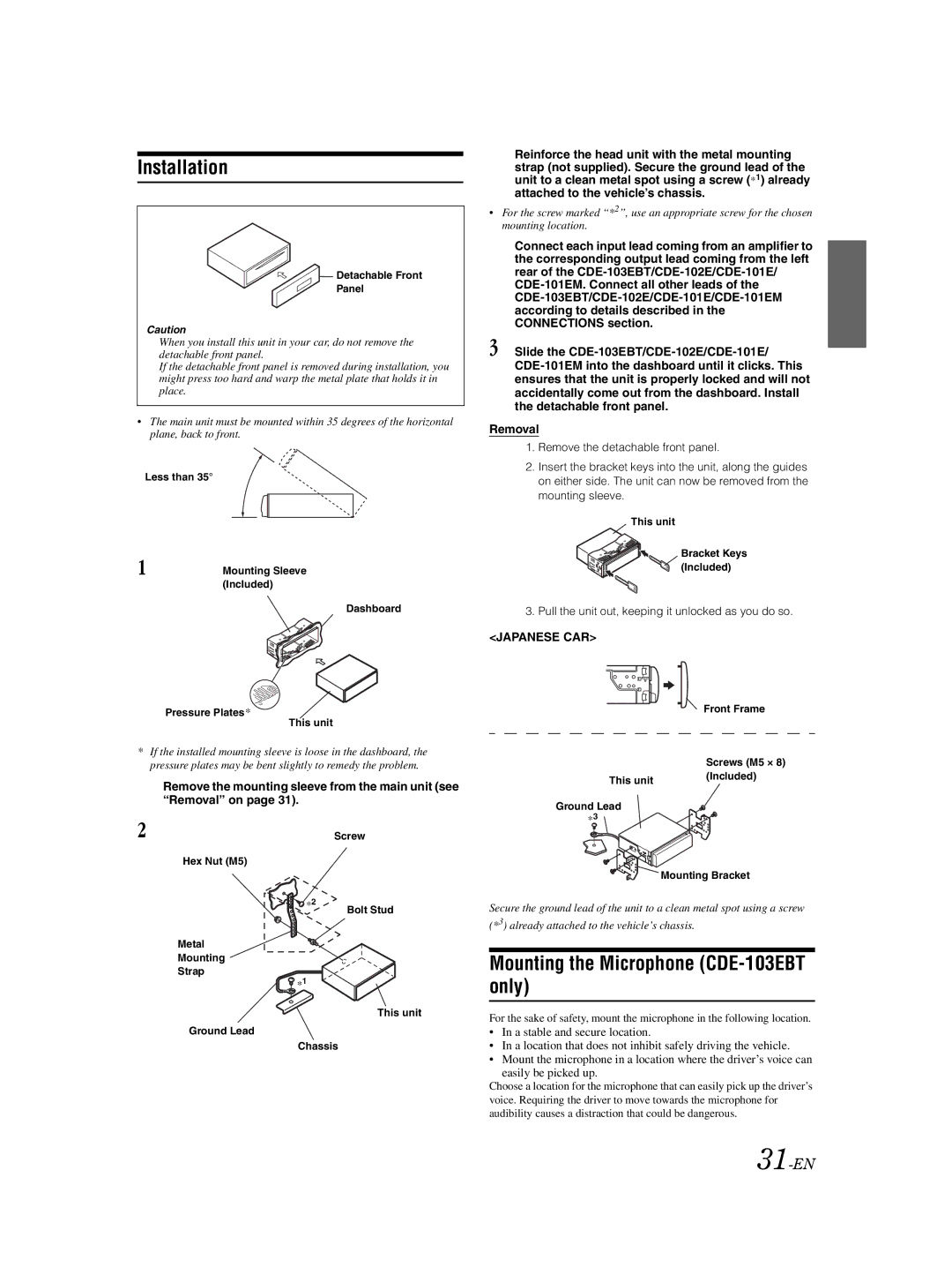 Alpine CDE-101EM, CDE-102E owner manual Installation, Mounting the Microphone CDE-103EBT only, 31-EN 