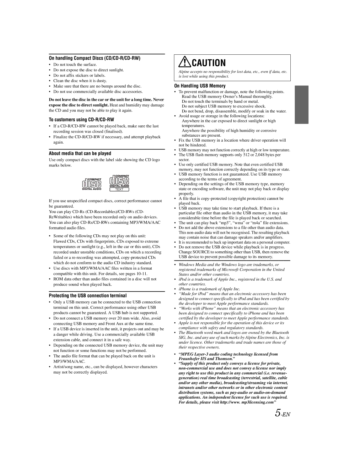 Alpine CDE-102E, CDE-101EM, CDE-103EBT owner manual On handling Compact Discs CD/CD-R/CD-RW 