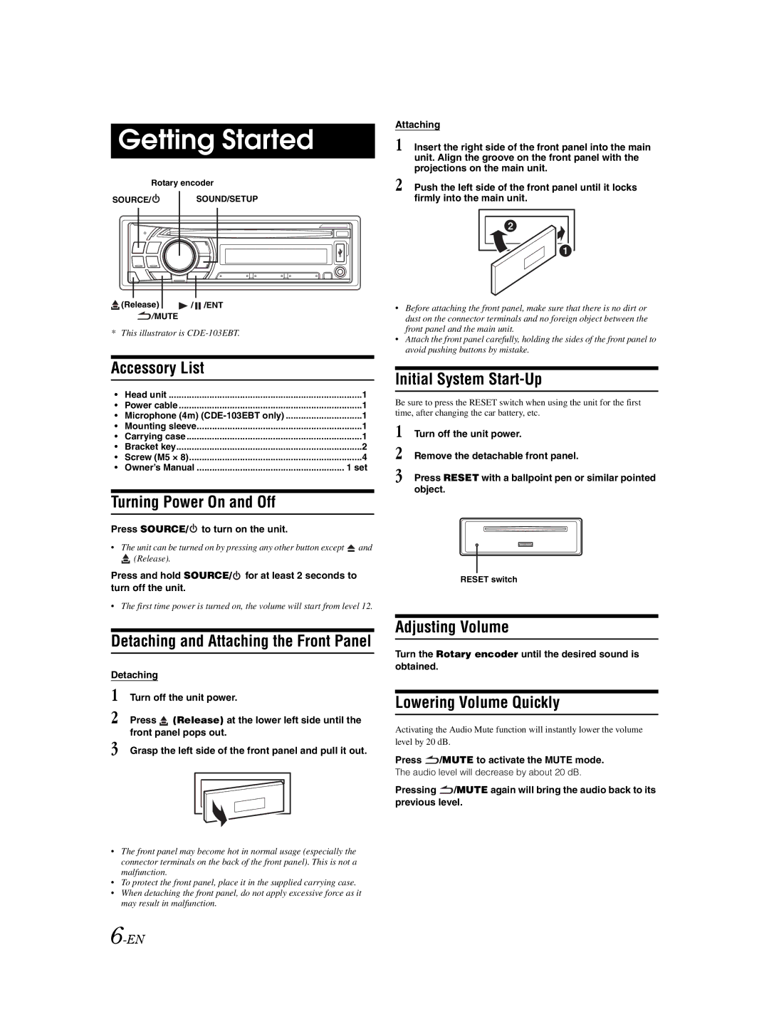 Alpine CDE-101EM, CDE-103EBT, CDE-102E owner manual Getting Started 