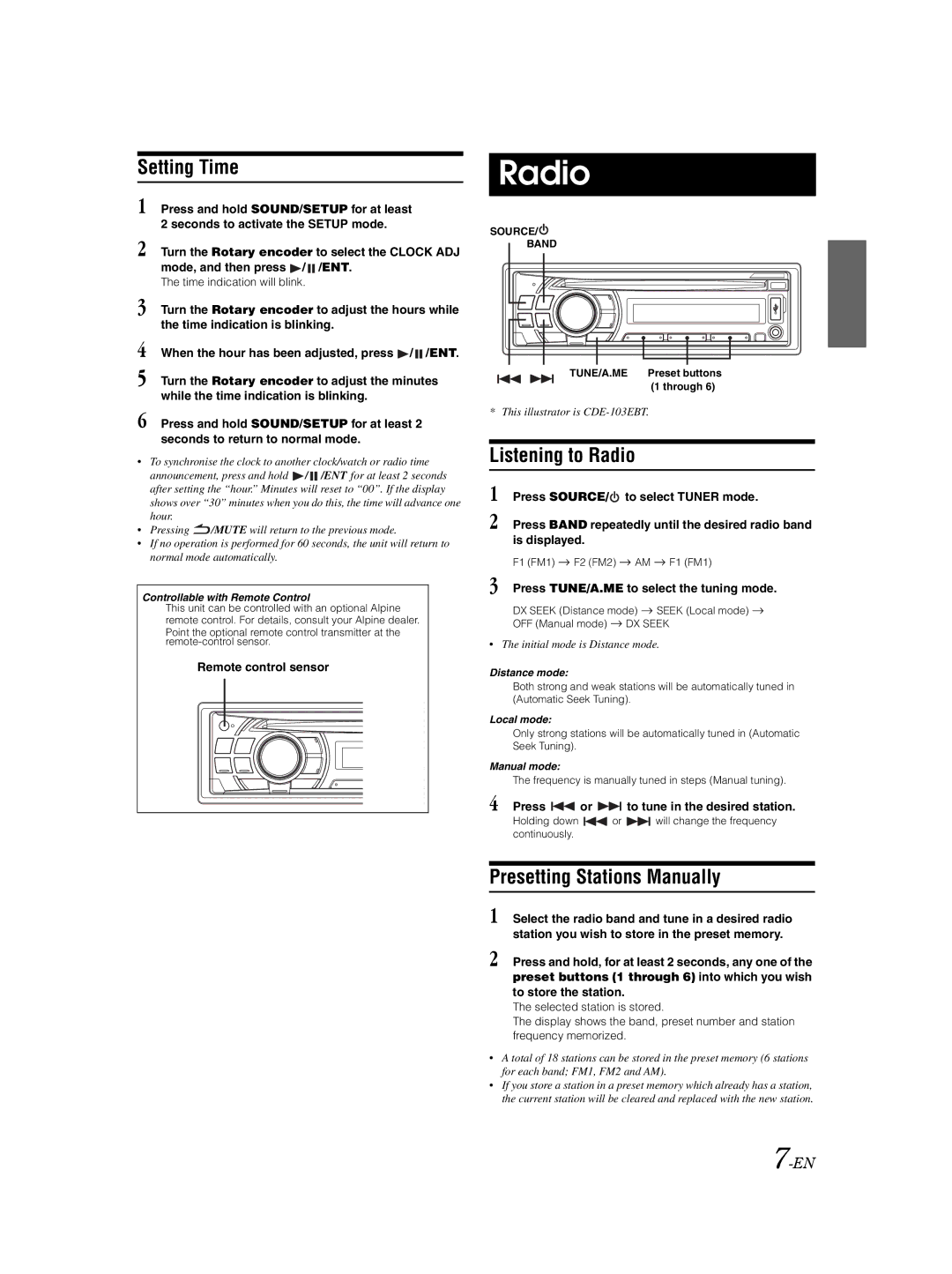 Alpine CDE-101EM, CDE-103EBT, CDE-102E owner manual Setting Time, Listening to Radio, Presetting Stations Manually 