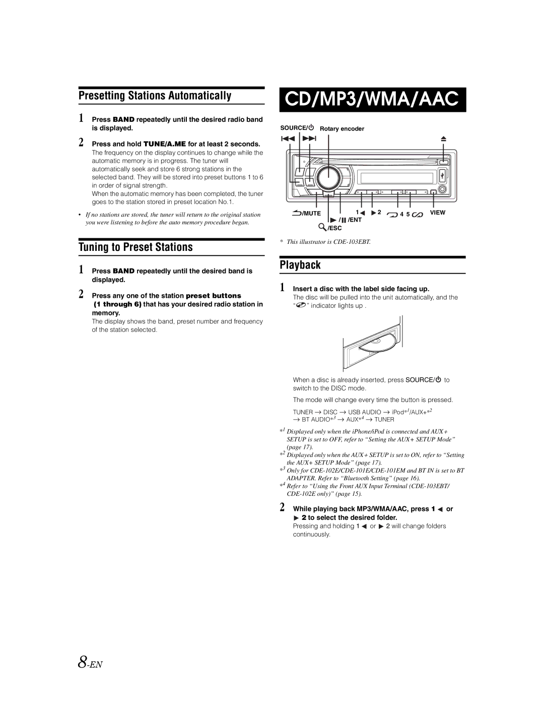 Alpine CDE-103EBT, CDE-101EM, CDE-102E owner manual Presetting Stations Automatically, Tuning to Preset Stations, Playback 