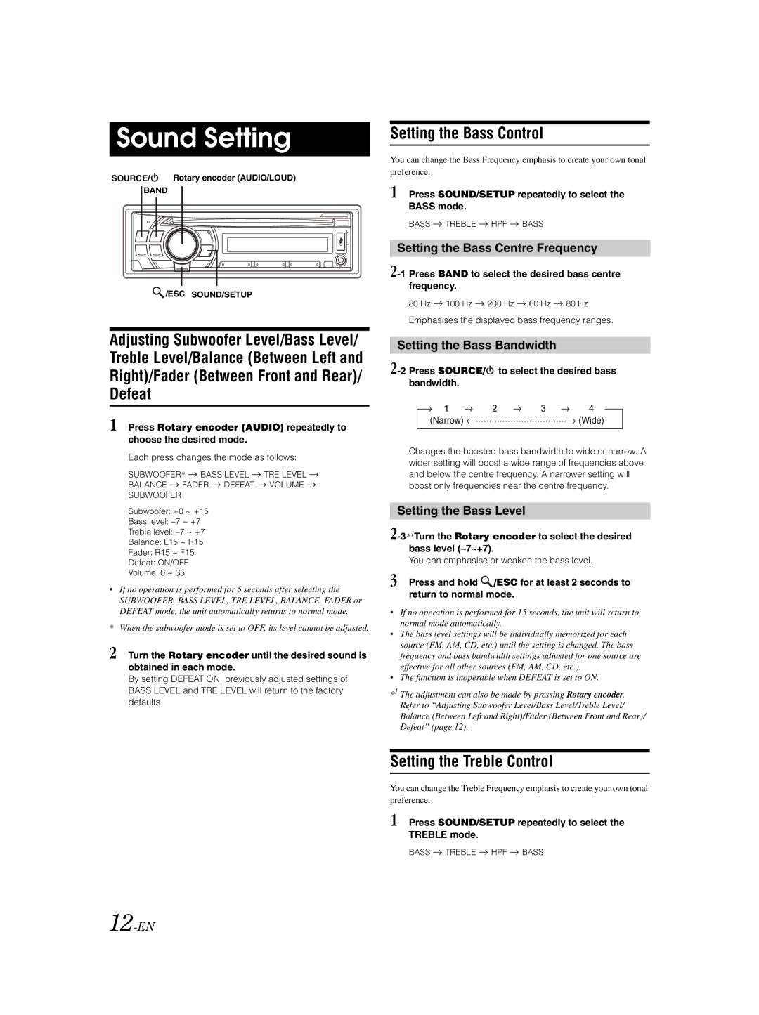 Alpine CDE-125EBT owner manual Sound Setting, Defeat, Setting the Bass Control, Setting the Treble Control 