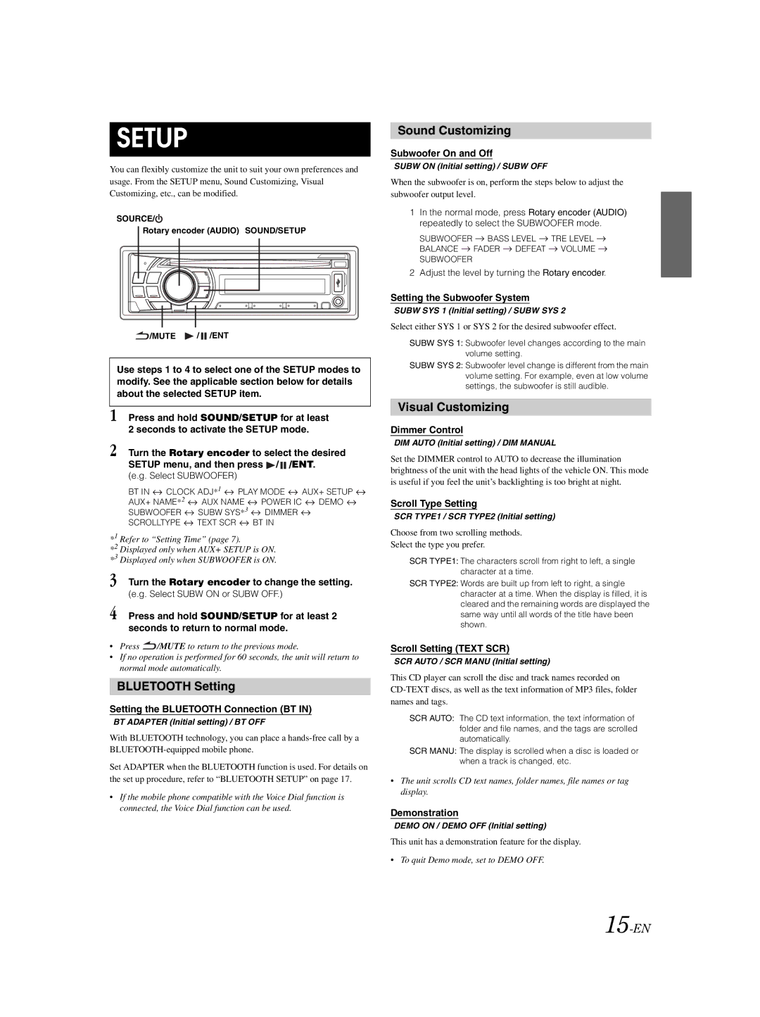 Alpine CDE-125EBT owner manual Bluetooth Setting, Sound Customizing, Visual Customizing, 15-EN 