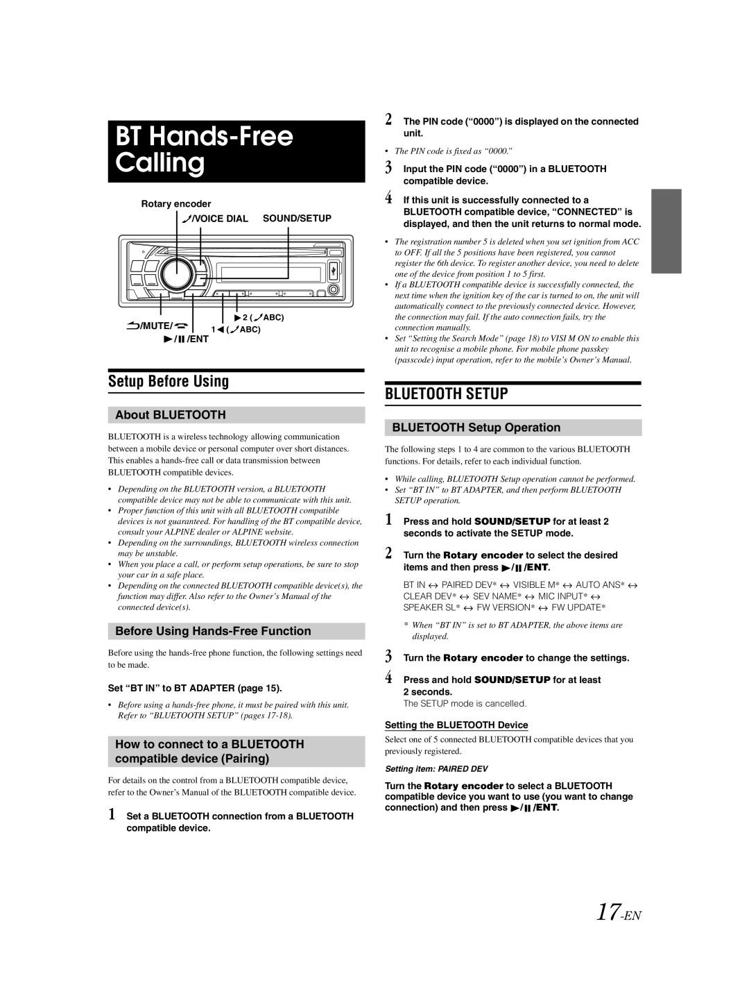 Alpine CDE-125EBT owner manual BT Hands-Free Calling, Setup Before Using 