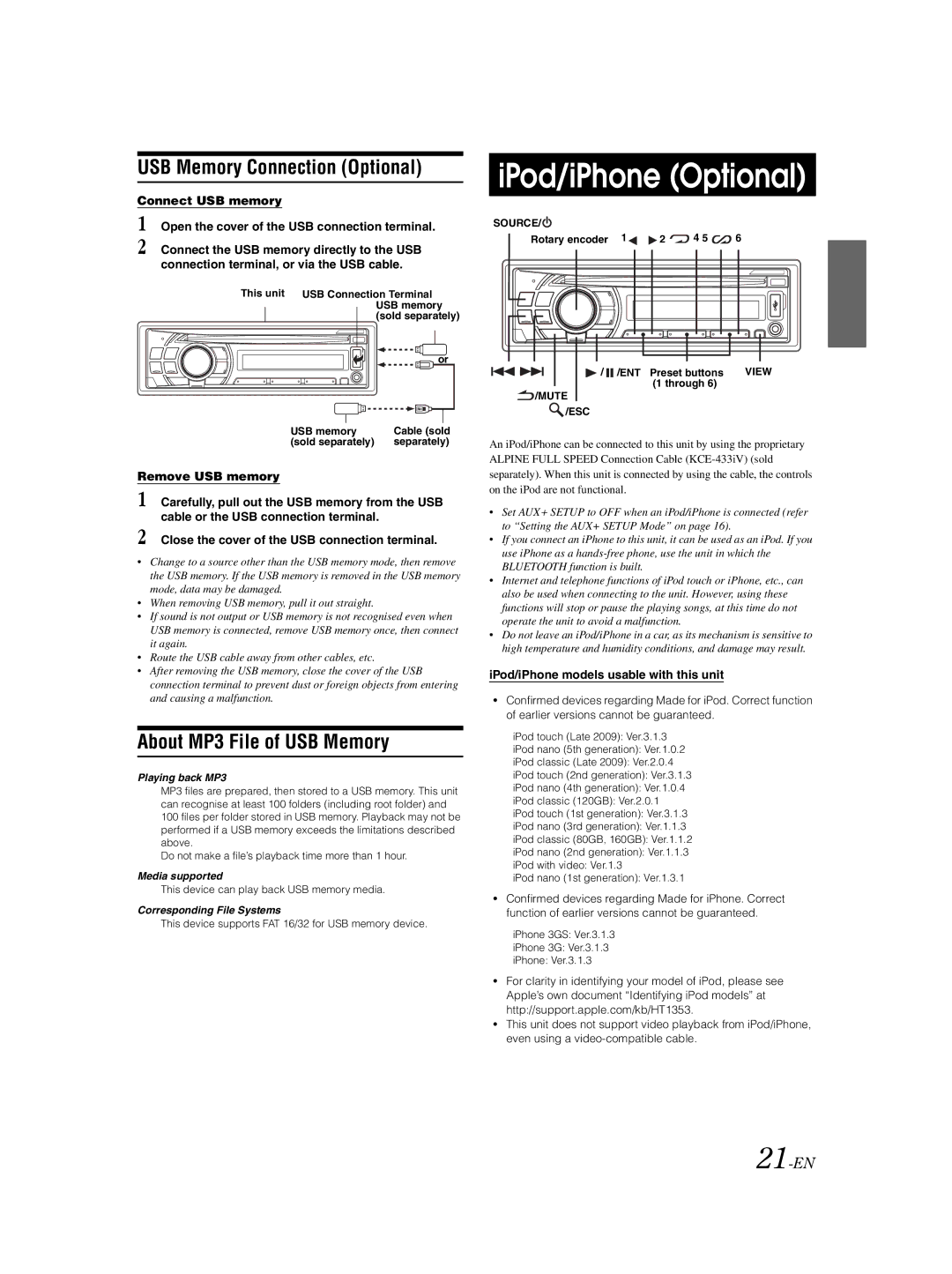 Alpine CDE-125EBT owner manual IPod/iPhone Optional, USB Memory Connection Optional, About MP3 File of USB Memory, 21-EN 