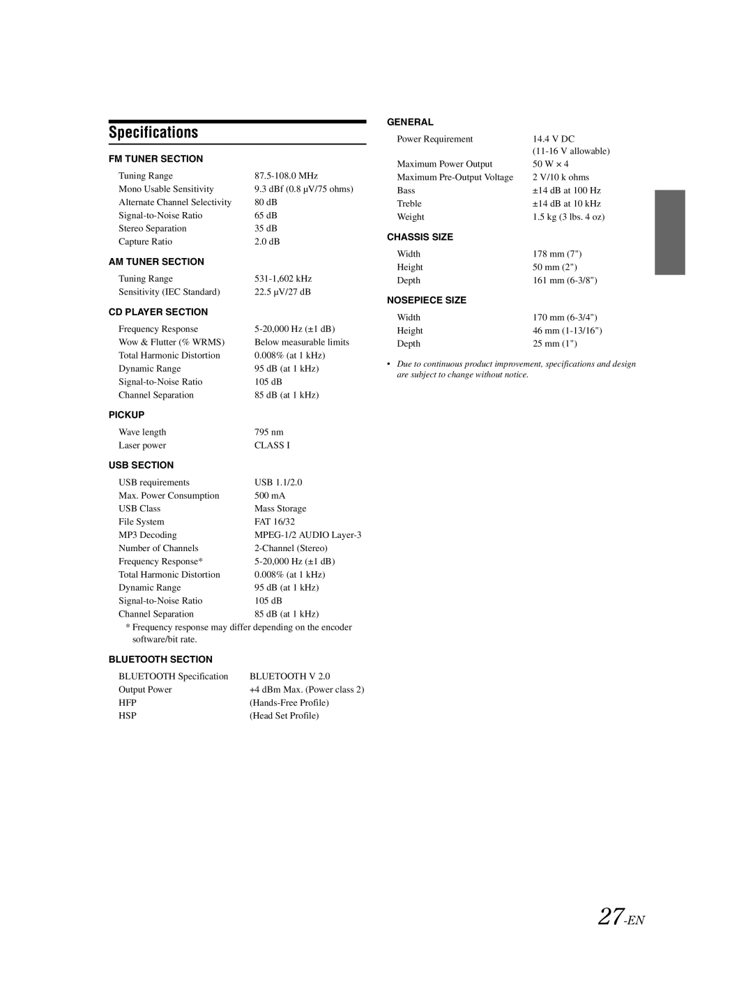 Alpine CDE-125EBT owner manual Specifications, 27-EN 