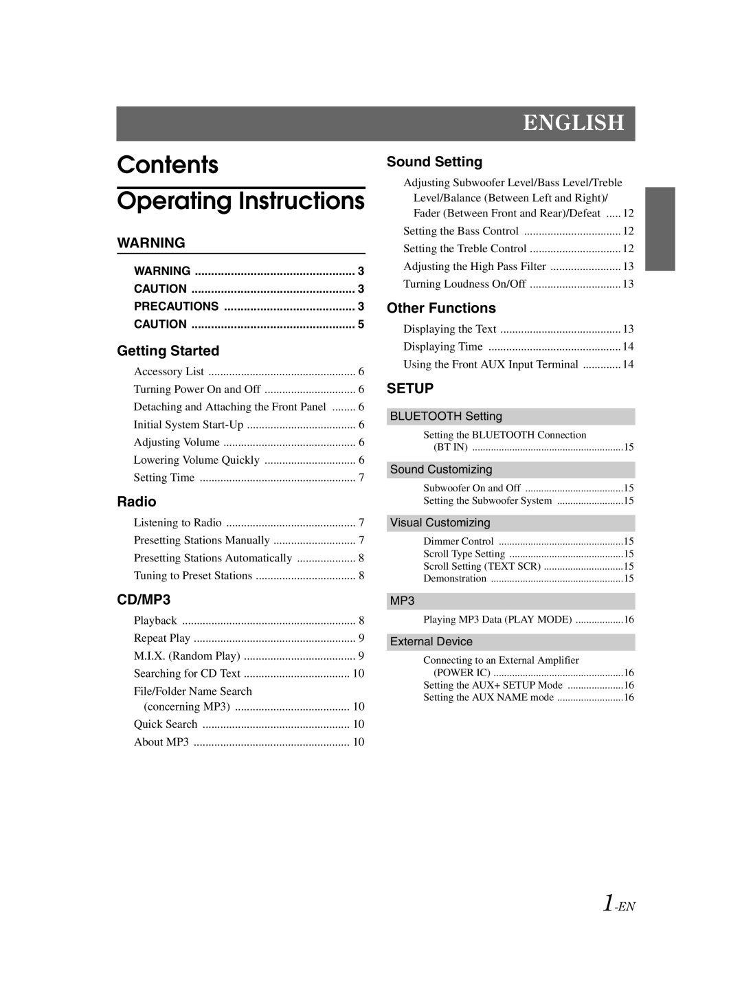 Alpine CDE-125EBT owner manual Contents Operating Instructions 