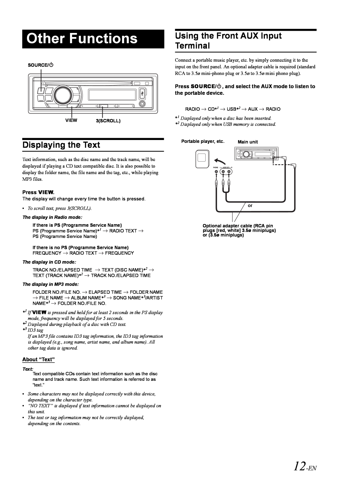 Alpine CDE-130RR, CDE-130RM owner manual Other Functions, Displaying the Text, Using the Front AUX Input Terminal, 12-EN 