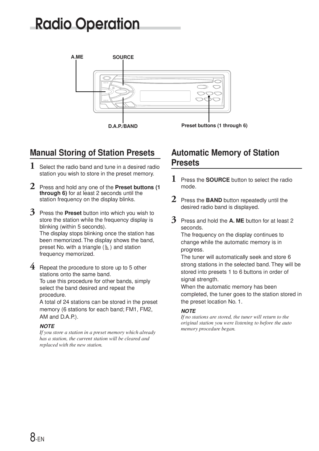 Alpine CDE-7853E, CDM-7854E manual Automatic Memory of Station Presets, Manual Storing of Station Presets 