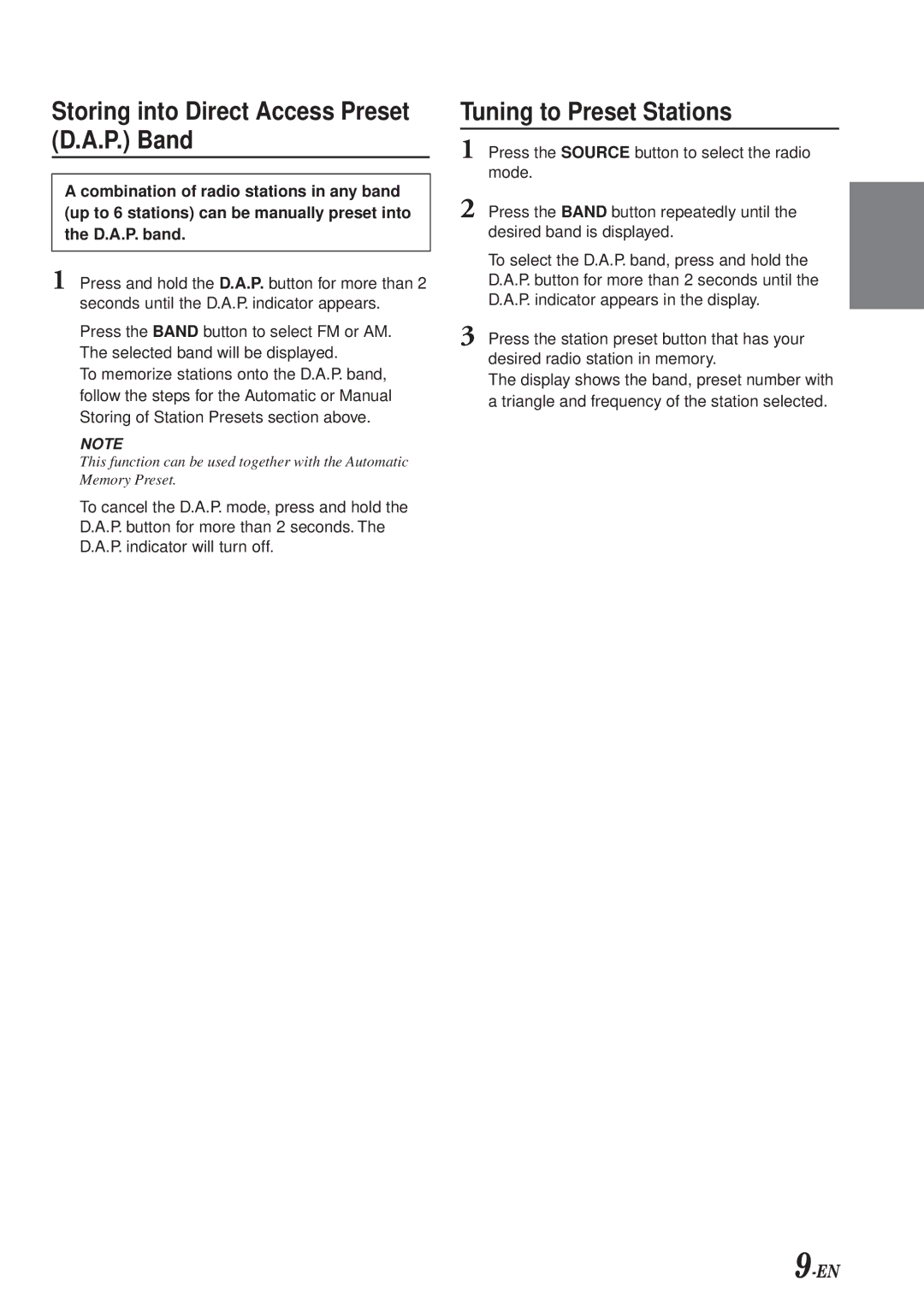 Alpine CDM-7854E, CDE-7853E manual Storing into Direct Access Preset D.A.P. Band, Tuning to Preset Stations 