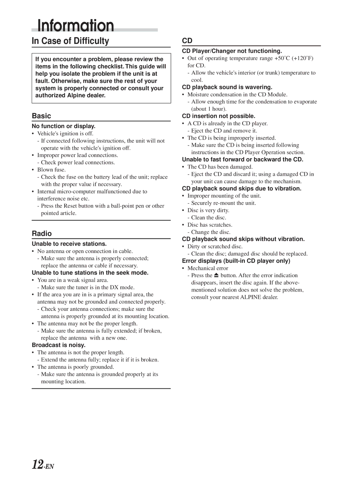 Alpine CDE-7853E, CDM-7854E manual Information, Case of Difficulty 