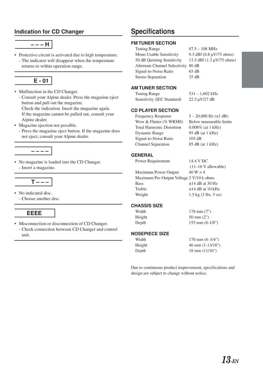 Alpine CDM-7854E, CDE-7853E manual Specifications, Indication for CD Changer 