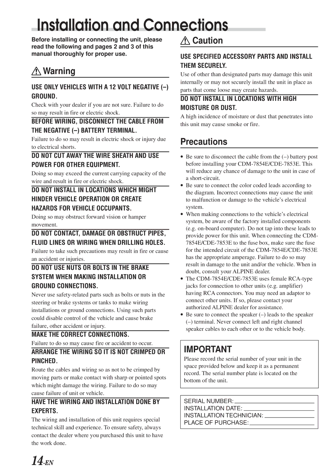 Alpine CDE-7853E, CDM-7854E manual Installation and Connections, Precautions 