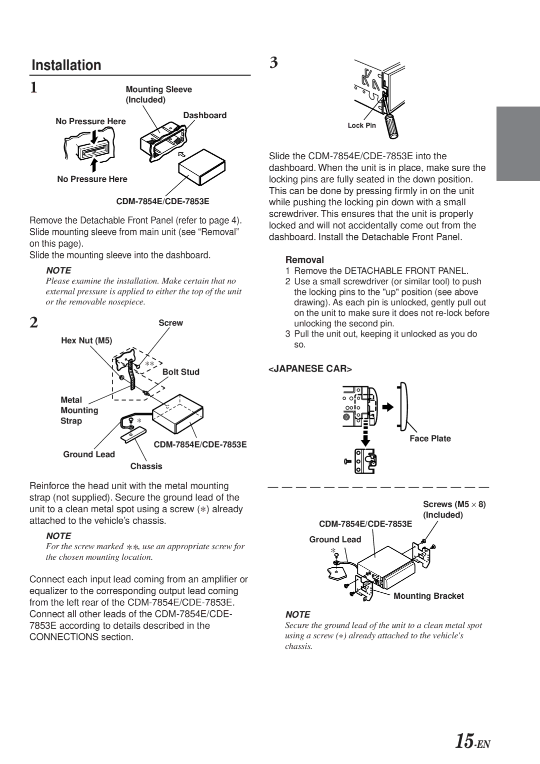 Alpine CDM-7854E, CDE-7853E manual Installation, Removal 