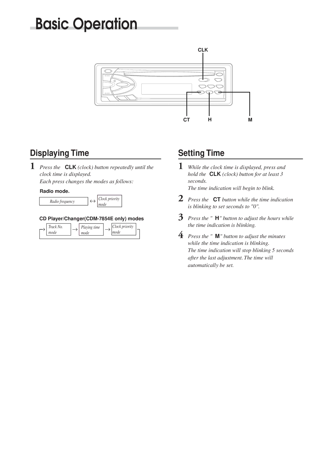 Alpine CDE-7853E, CDM-7854E manual Displaying Time, Setting Time 