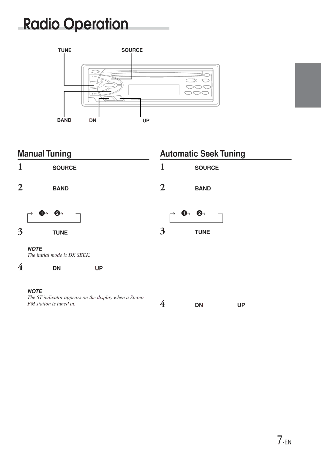 Alpine CDM-7854E, CDE-7853E manual Radio Operation, Manual Tuning, Automatic Seek Tuning 