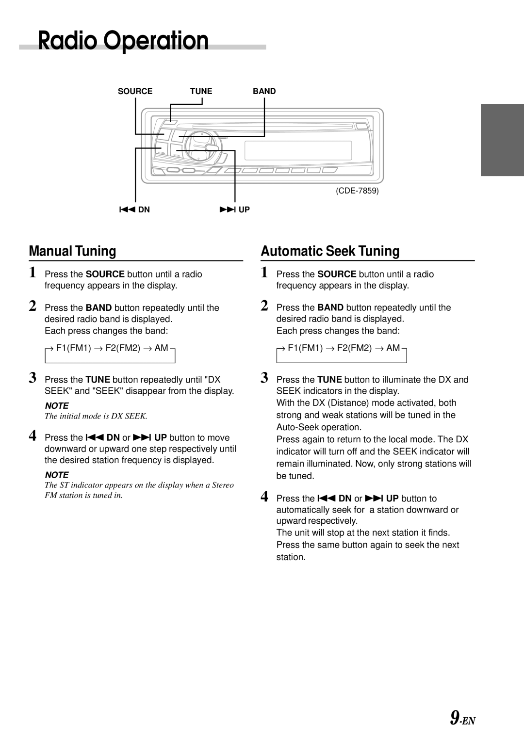 Alpine CDE-7859, CDE-7856, CDE-7858 owner manual Radio Operation, Manual Tuning, Automatic Seek Tuning 