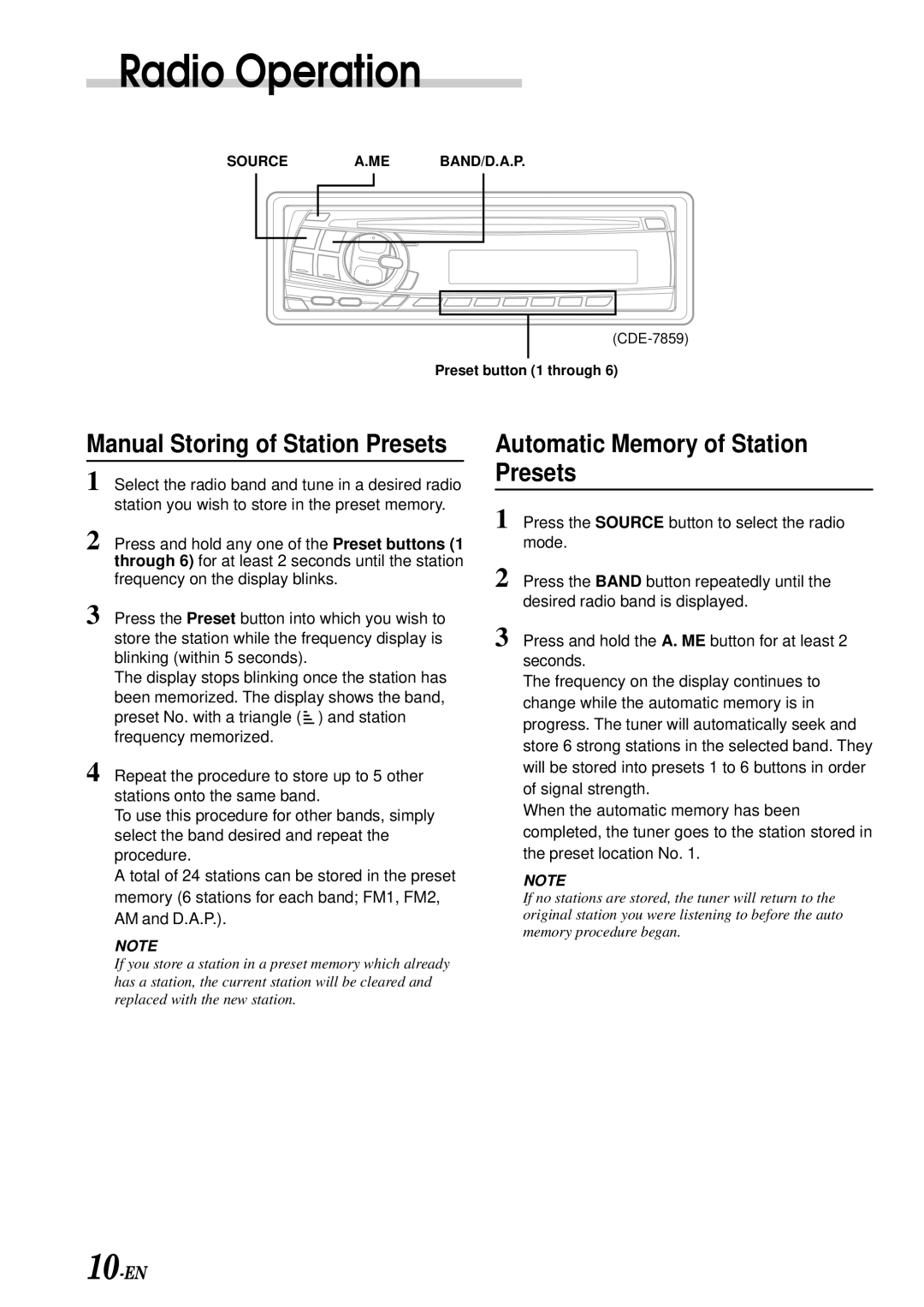 Alpine CDE-7856, CDE-7858, CDE-7859 owner manual Automatic Memory of Station Presets, Manual Storing of Station Presets 