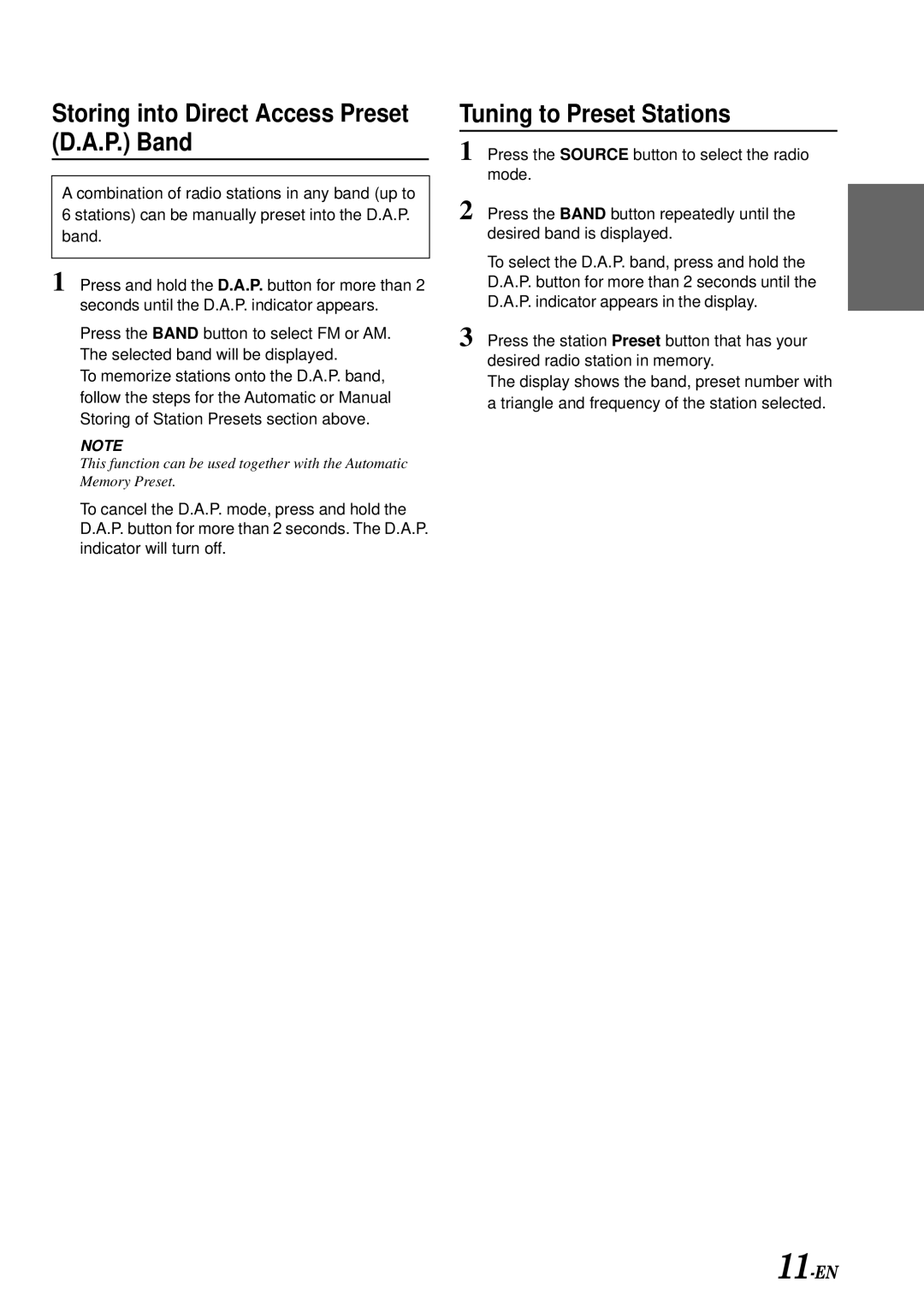 Alpine CDE-7858, CDE-7856, CDE-7859 owner manual Storing into Direct Access Preset D.A.P. Band, Tuning to Preset Stations 