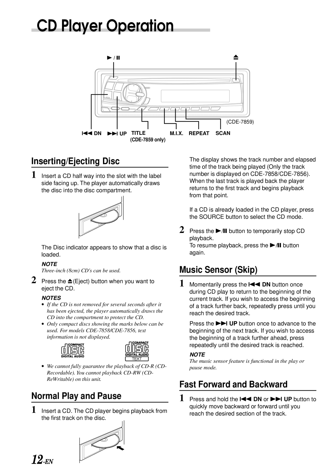 Alpine CDE-7859, CDE-7856, CDE-7858 CD Player Operation, Inserting/Ejecting Disc, Normal Play and Pause, Music Sensor Skip 