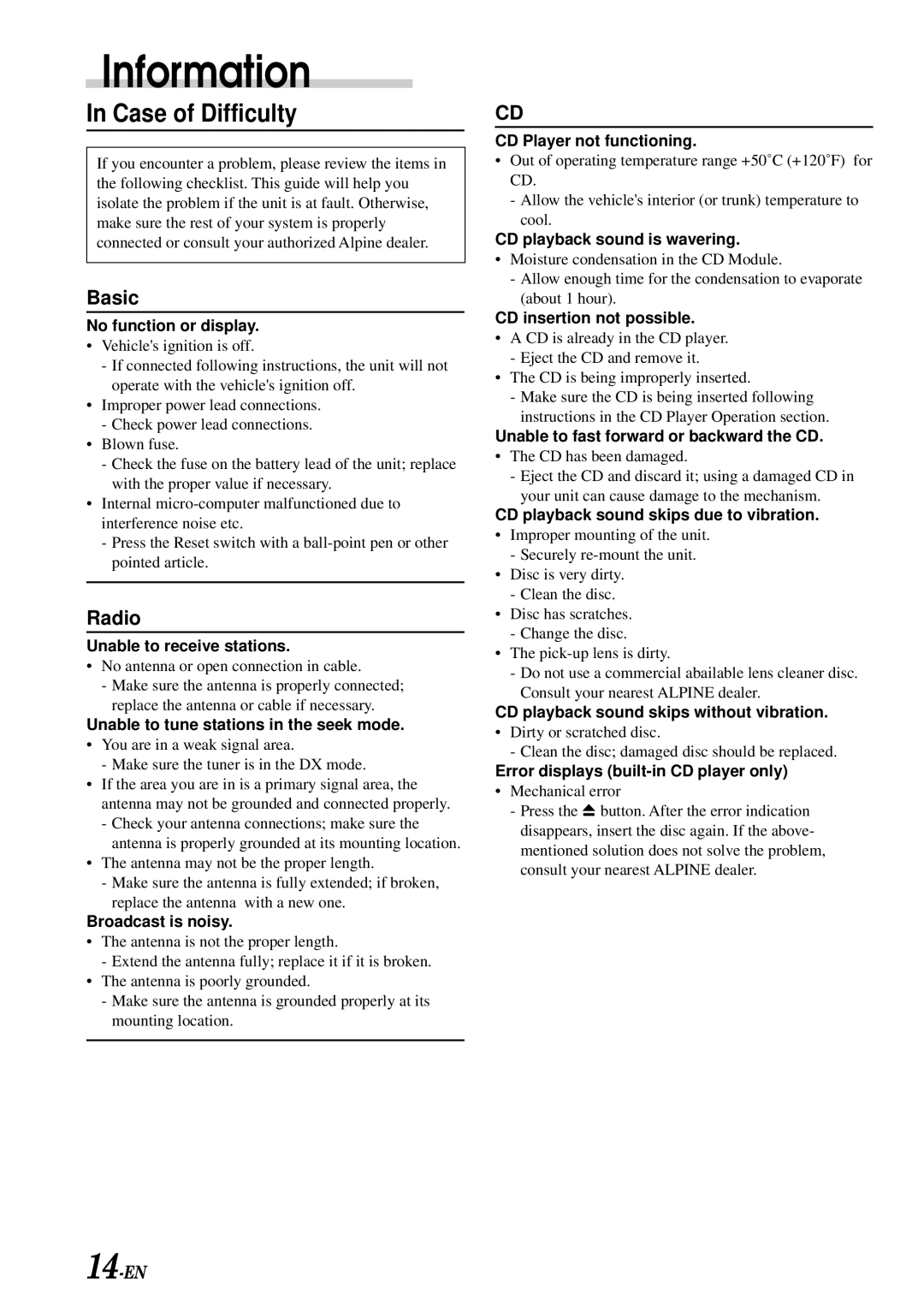 Alpine CDE-7858, CDE-7856, CDE-7859 owner manual Information, Case of Difficulty 