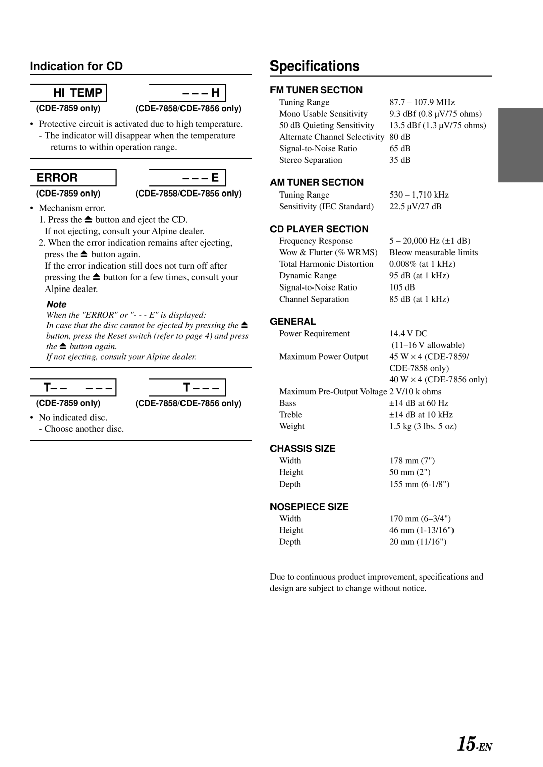 Alpine CDE-7859, CDE-7856, CDE-7858 owner manual Specifications 