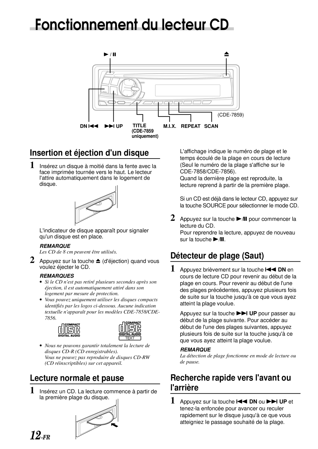 Alpine CDE-7858, CDE-7856, CDE-7859 Fonctionnement du lecteur CD, Insertion et éjection dun disque, Détecteur de plage Saut 