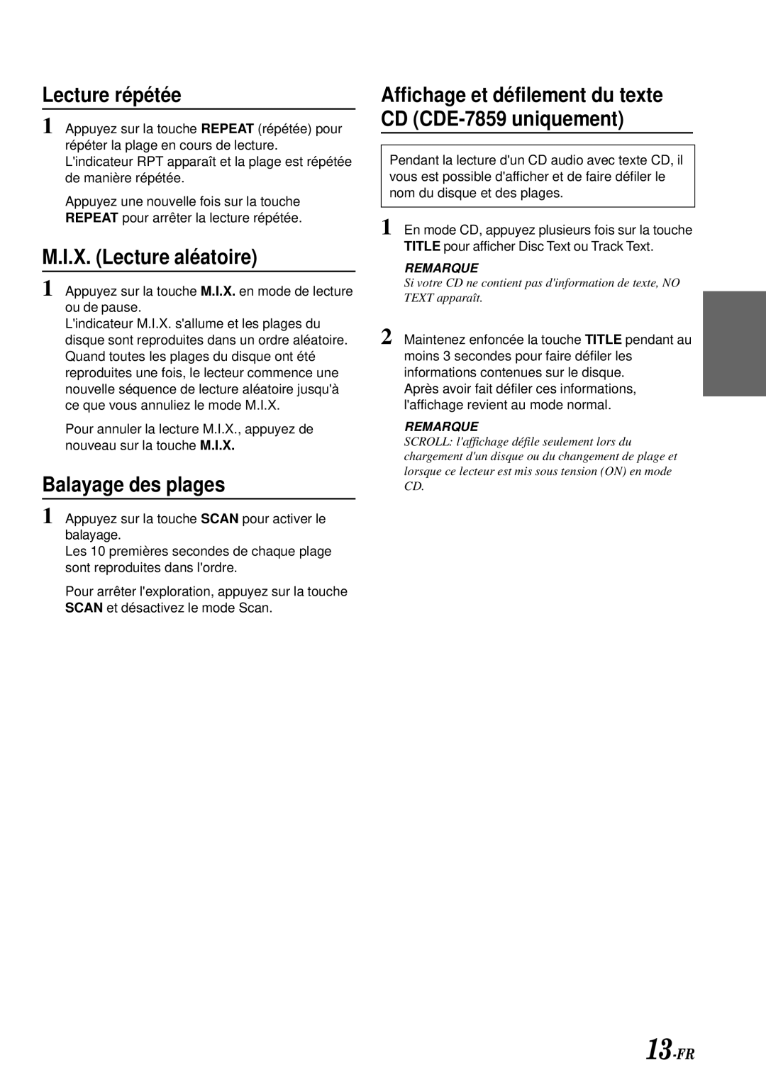 Alpine CDE-7859, CDE-7856, CDE-7858 owner manual Lecture répétée, X. Lecture aléatoire, Balayage des plages 
