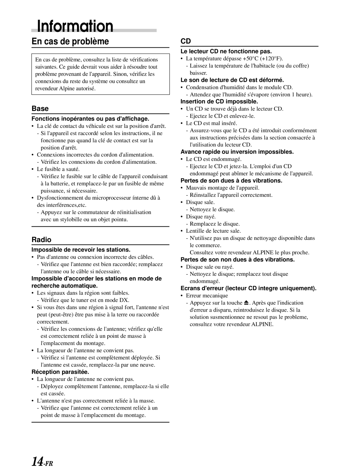 Alpine CDE-7856, CDE-7858, CDE-7859 owner manual En cas de problème 