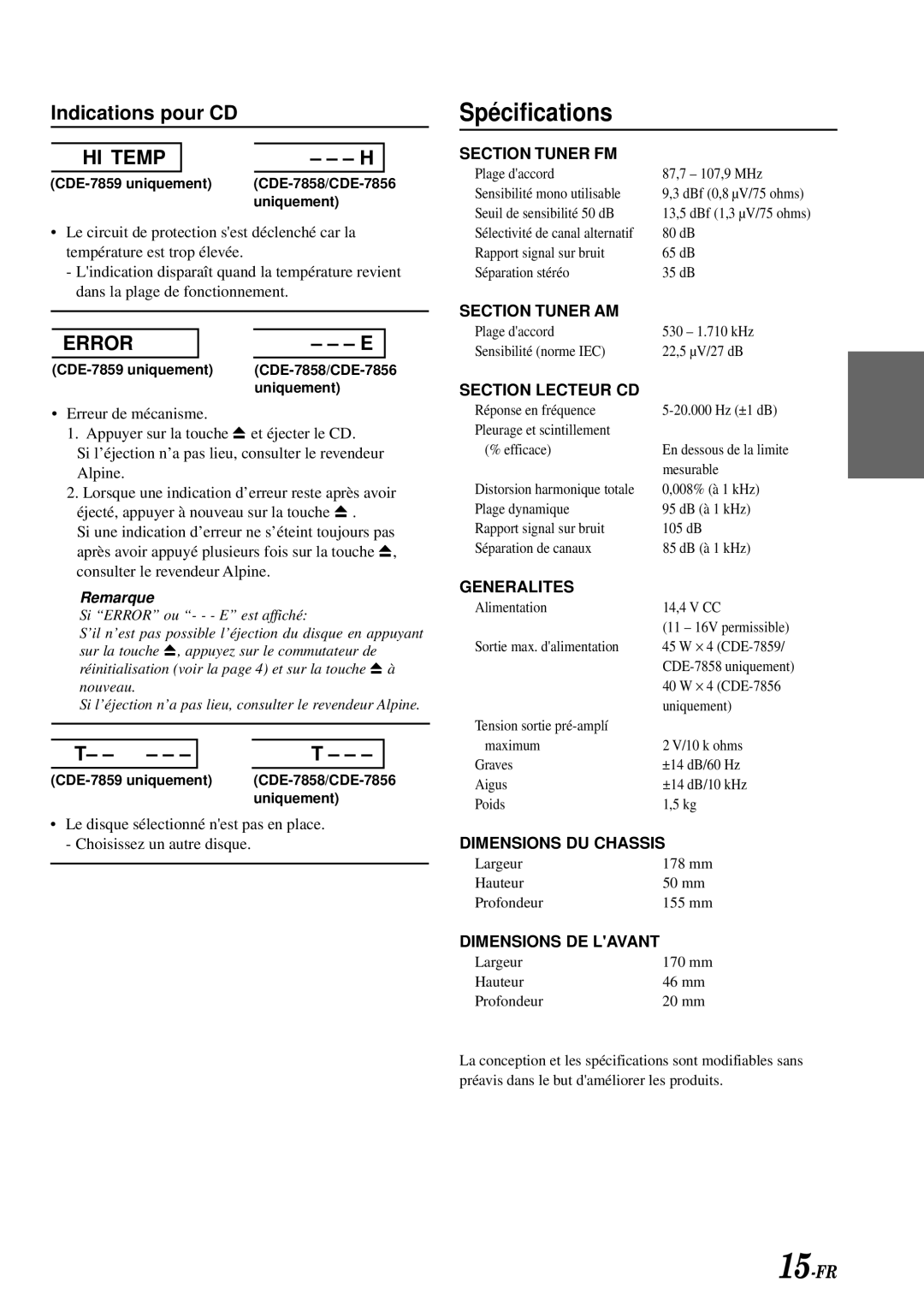 Alpine CDE-7858, CDE-7856, CDE-7859 owner manual Spécifications 