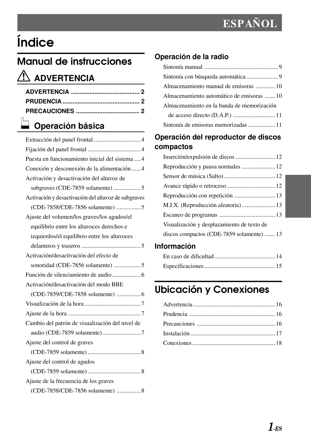 Alpine CDE-7858, CDE-7856, CDE-7859 owner manual Operación básica, Advertencia Prudencia Precauciones 