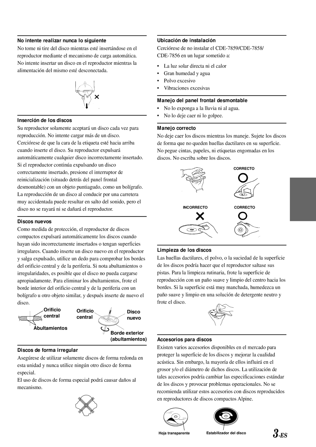 Alpine CDE-7856, CDE-7858, CDE-7859 owner manual Manejo del panel frontal desmontable 