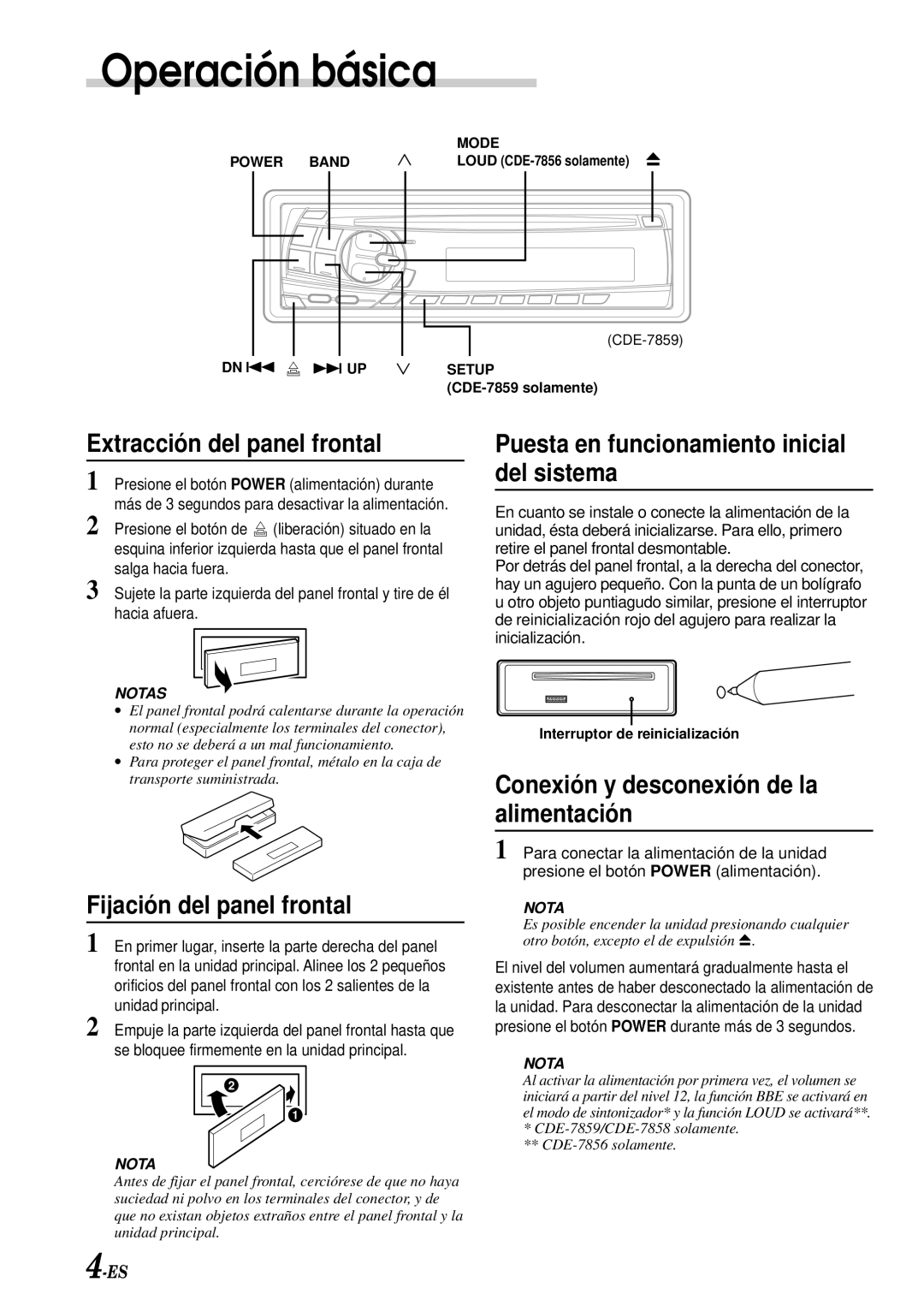 Alpine CDE-7858, CDE-7856, CDE-7859 owner manual Operación básica, Extracción del panel frontal, Fijación del panel frontal 