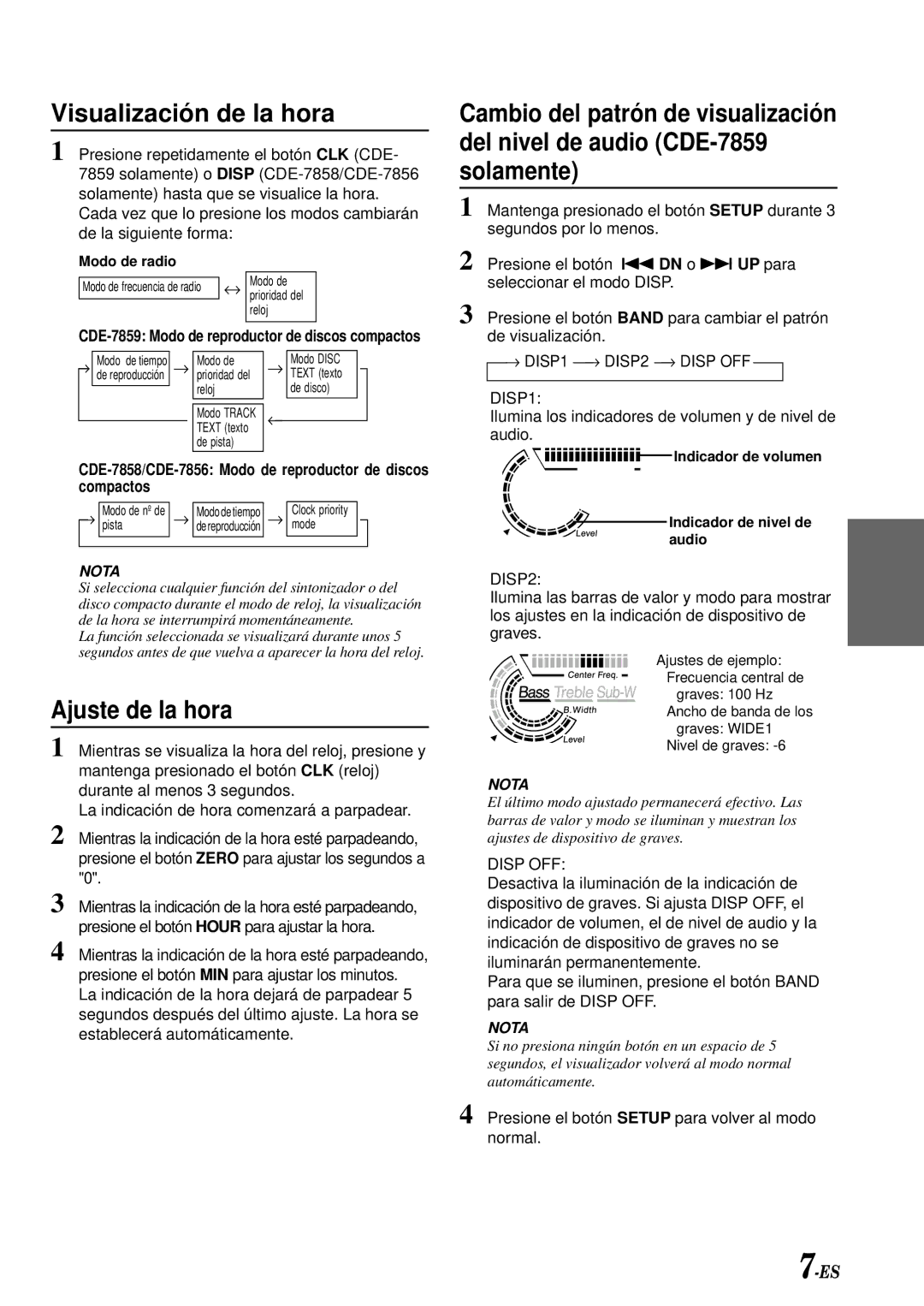 Alpine CDE-7859 Visualización de la hora, Ajuste de la hora, CDE-7858/CDE-7856 Modo de reproductor de discos compactos 