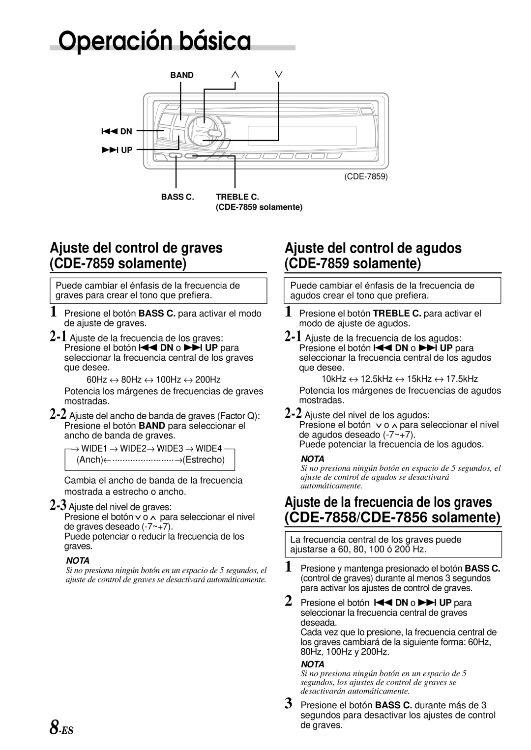 Alpine Ajuste del control de graves CDE-7859 solamente, Ajuste del control de agudos CDE-7859 solamente, 8de graves 