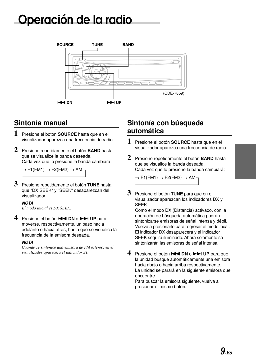 Alpine CDE-7856, CDE-7858, CDE-7859 owner manual Operación de la radio, Sintonía manual, Sintonía con búsqueda automática 