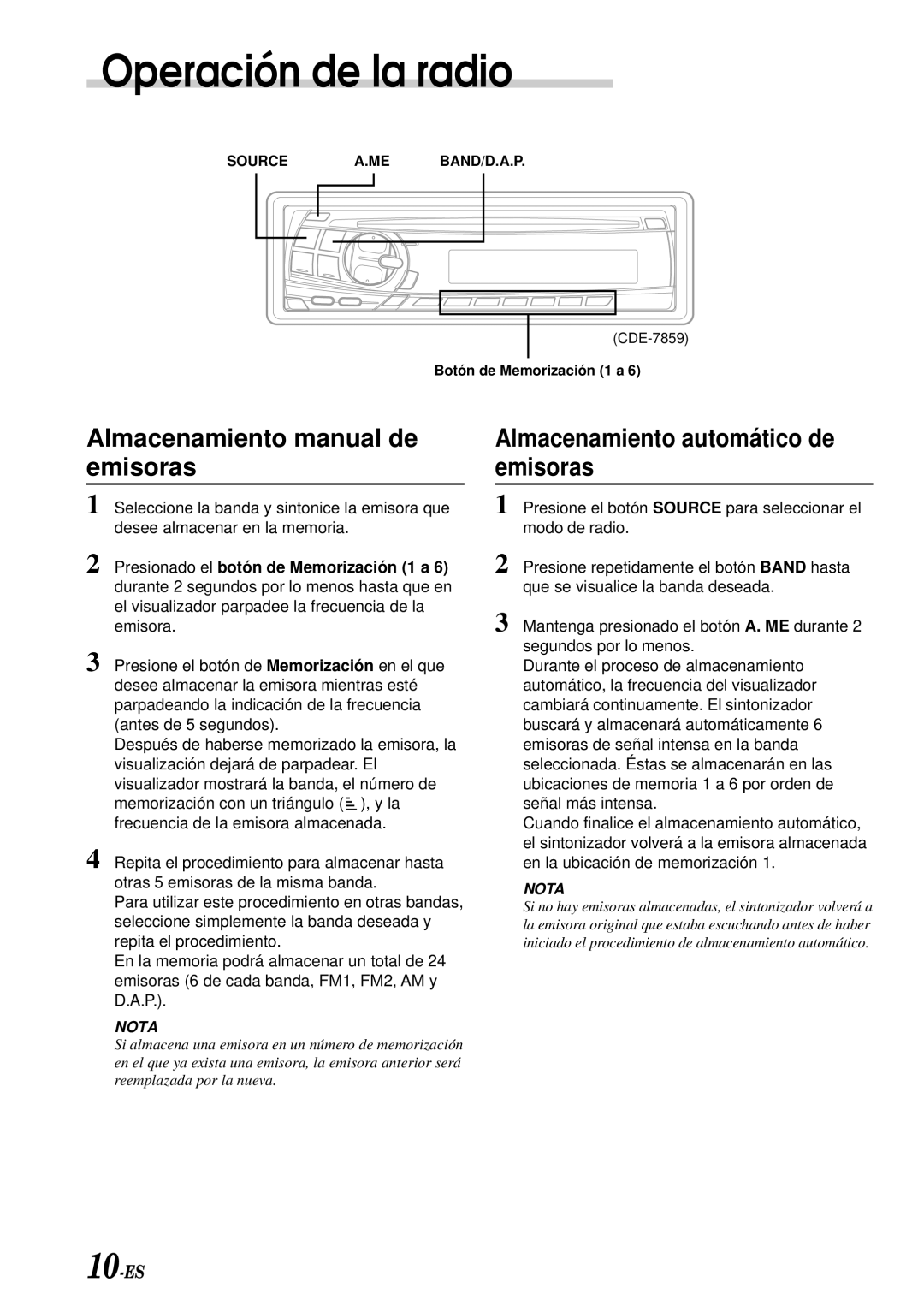 Alpine CDE-7858, CDE-7856, CDE-7859 owner manual Almacenamiento manual de emisoras, Almacenamiento automático de emisoras 