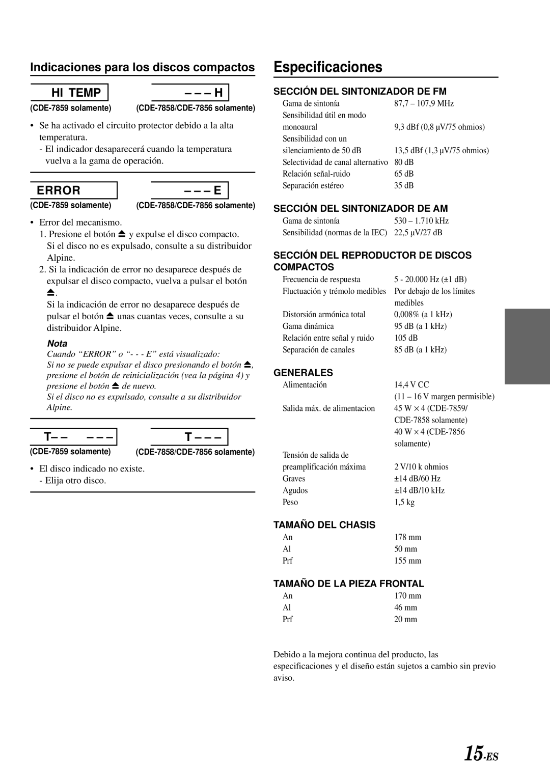 Alpine CDE-7856, CDE-7858, CDE-7859 owner manual Especificaciones 