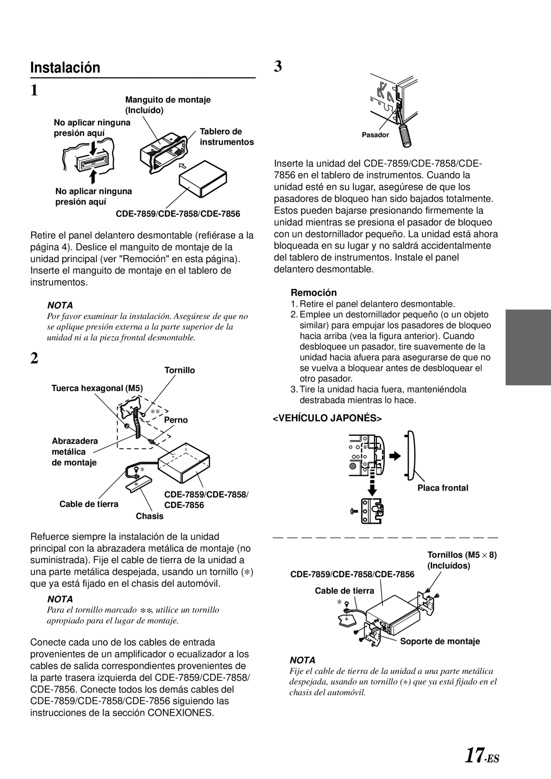 Alpine CDE-7859, CDE-7856, CDE-7858 owner manual Instalación, Remoción, Vehículo Japonés 