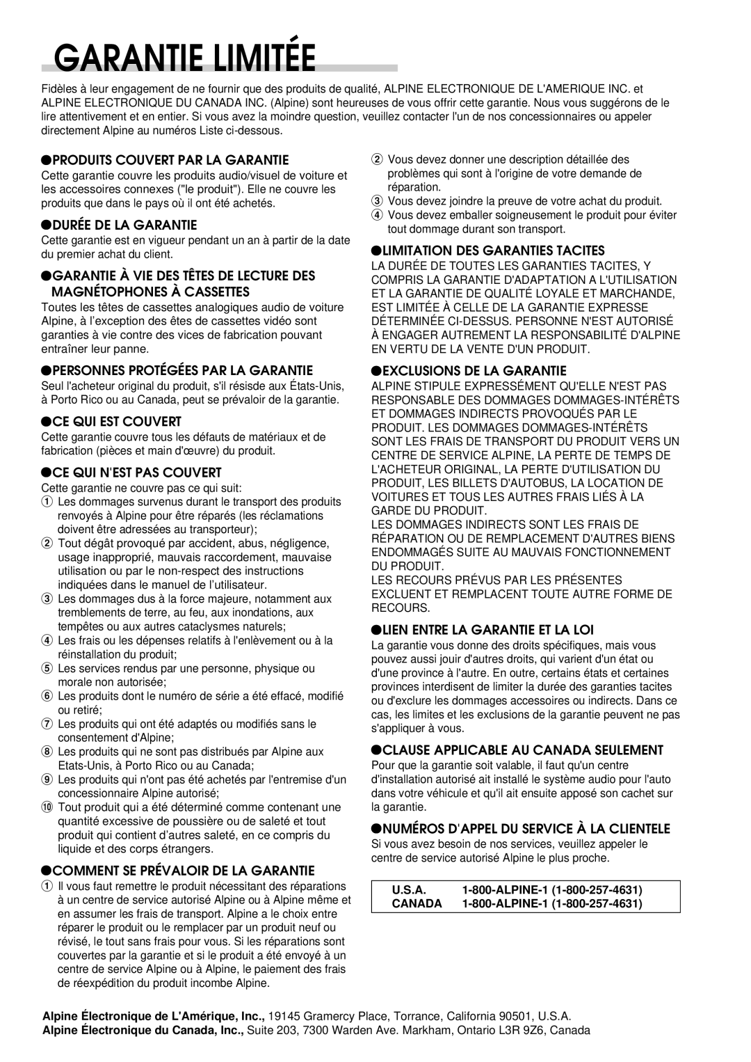 Alpine CDE-7856, CDE-7858, CDE-7859 owner manual Garantie Limitée 