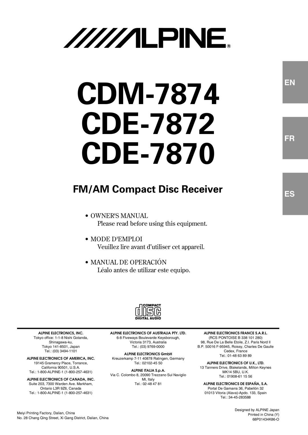 Alpine owner manual CDM-7874 CDE-7872 CDE-7870 