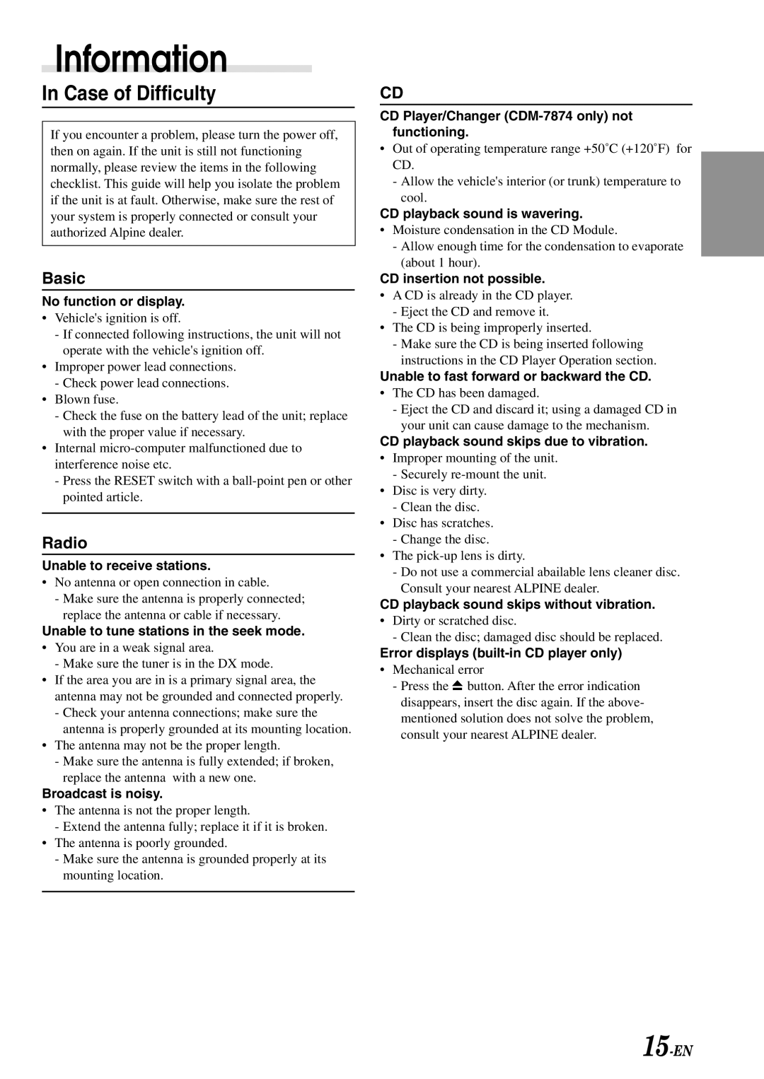 Alpine CDE-7872, CDE-7870, CDM-7874 owner manual Information, Case of Difficulty 