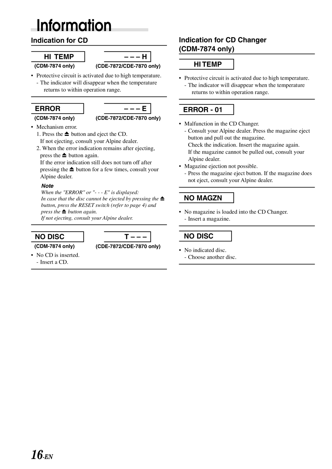 Alpine CDE-7870, CDM-7874, CDE-7872 owner manual No Magzn 