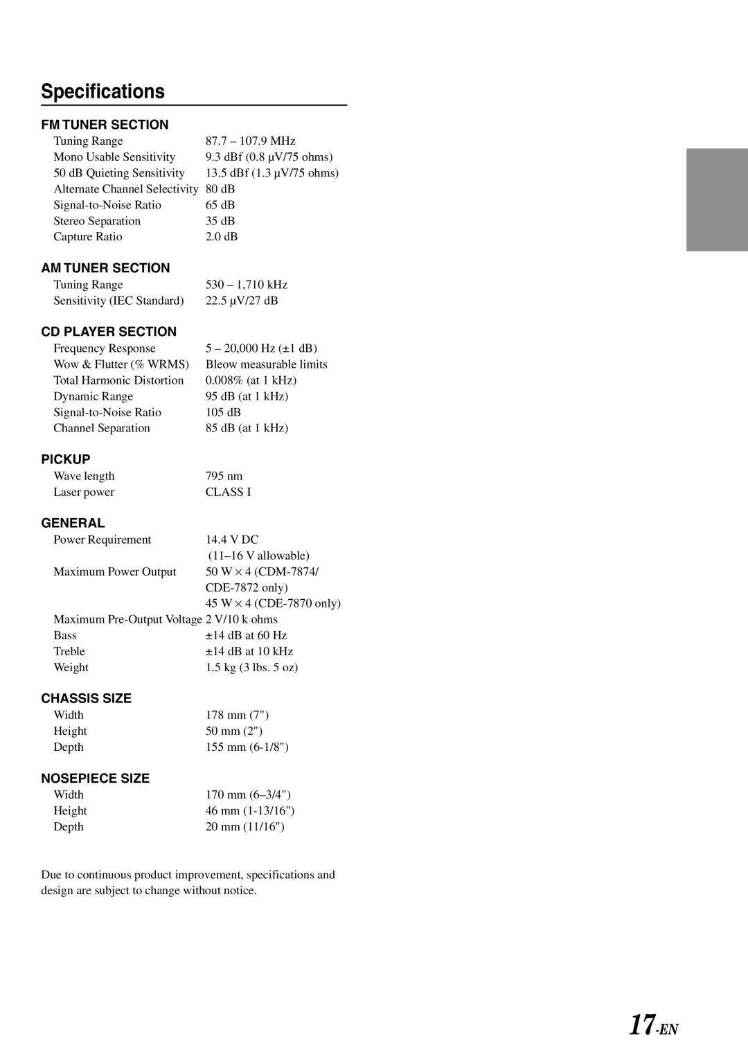 Alpine CDM-7874, CDE-7870, CDE-7872 owner manual Specifications, FM Tuner Section 