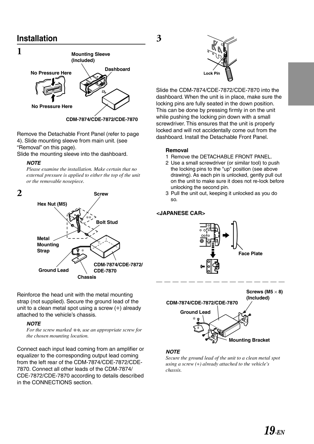 Alpine CDE-7870, CDM-7874, CDE-7872 owner manual Installation, Removal 