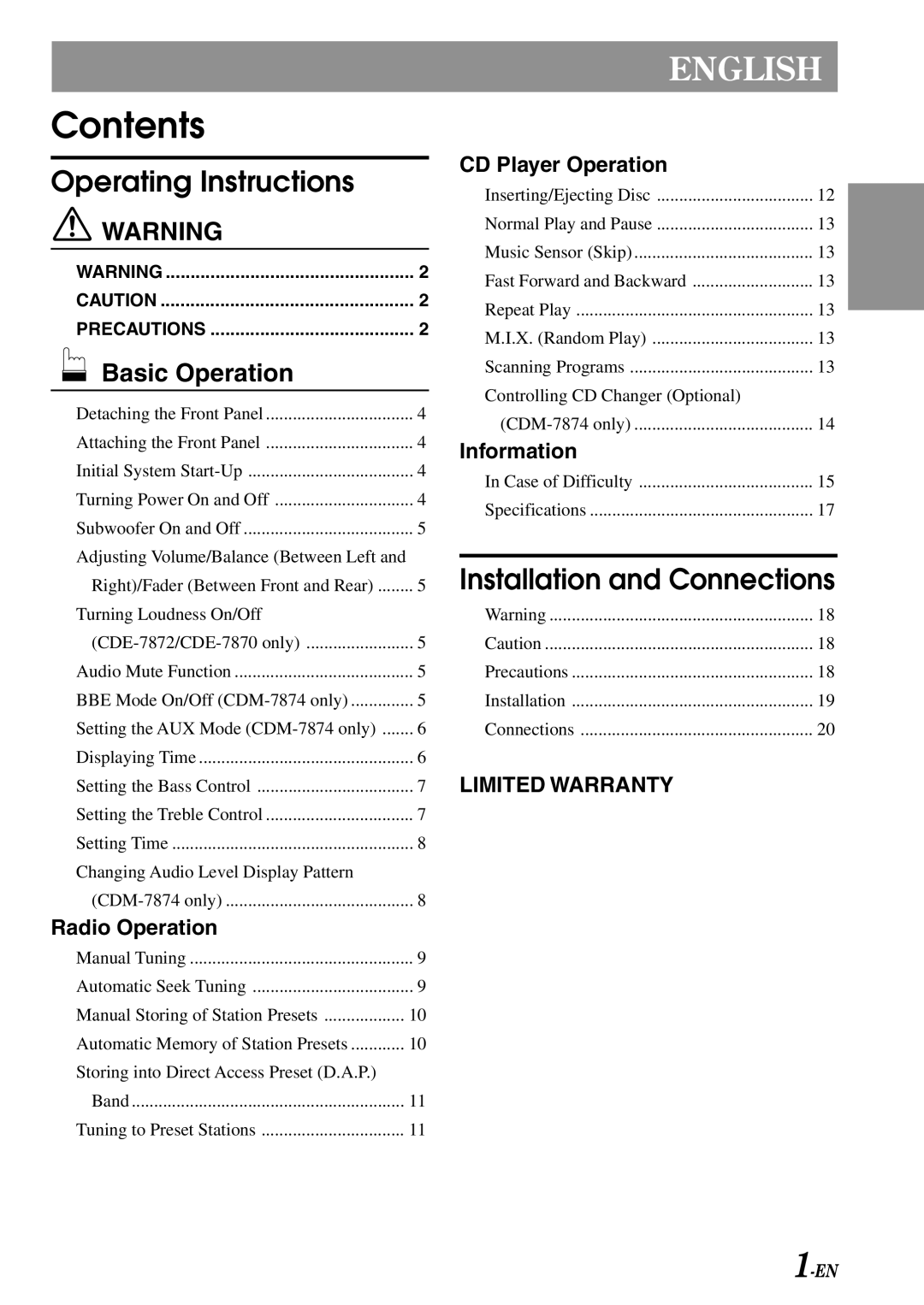 Alpine CDE-7870, CDM-7874, CDE-7872 owner manual Contents 