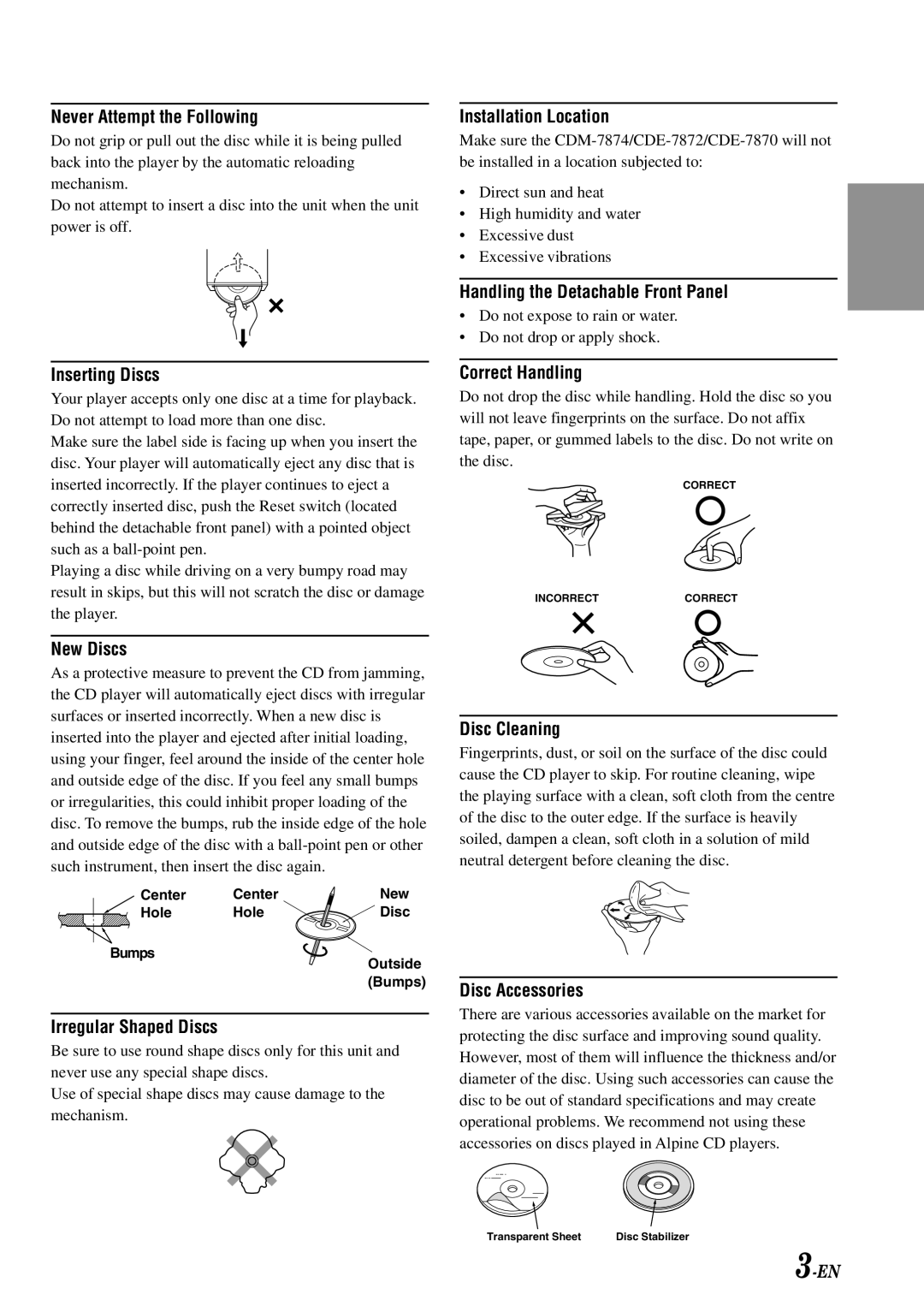 Alpine CDE-7872, CDE-7870, CDM-7874 owner manual Handling the Detachable Front Panel 