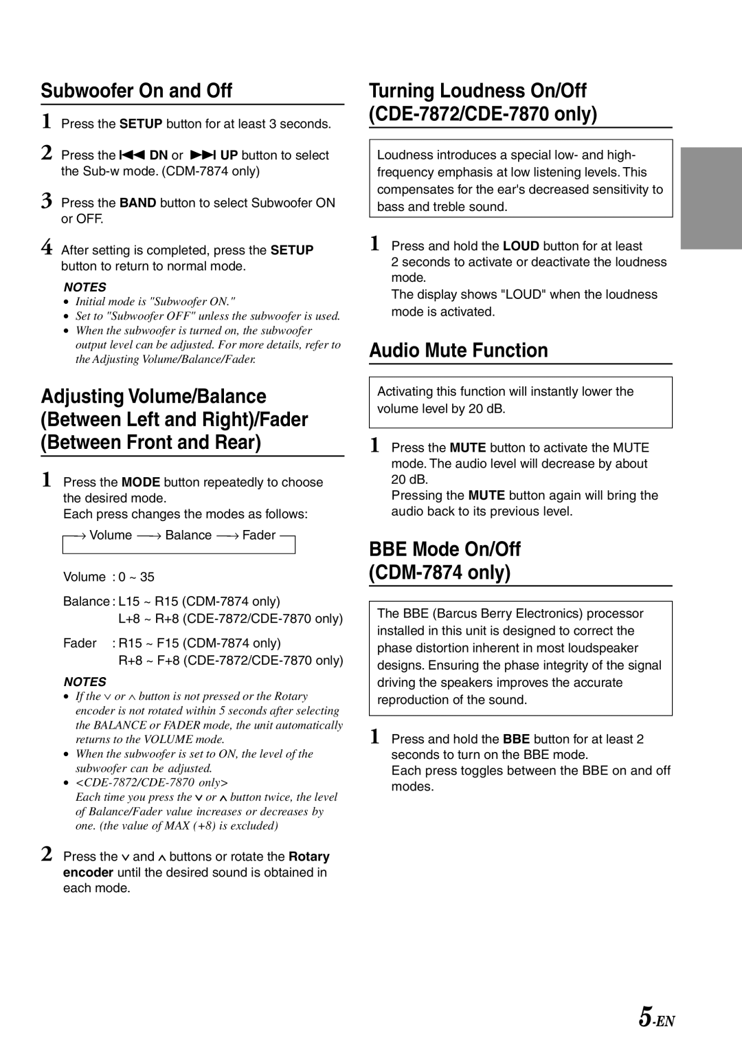 Alpine CDM-7874, CDE-7870, CDE-7872 owner manual Subwoofer On and Off, Audio Mute Function 