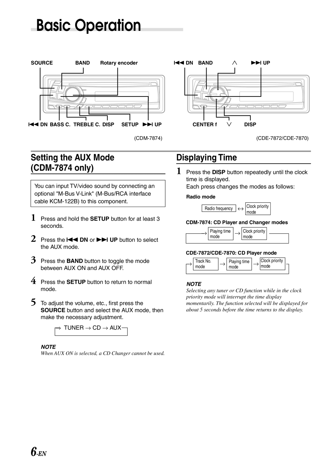 Alpine CDE-7872, CDE-7870 owner manual Displaying Time, Setting the AUX Mode CDM-7874 only 