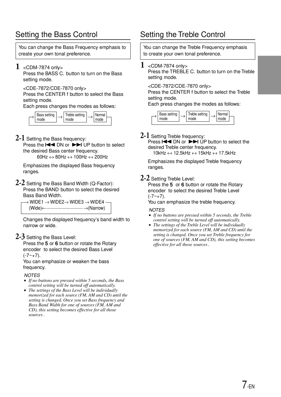 Alpine owner manual Setting the Bass Control Setting the Treble Control, CDM-7874 only, CDE-7872/CDE-7870 only 